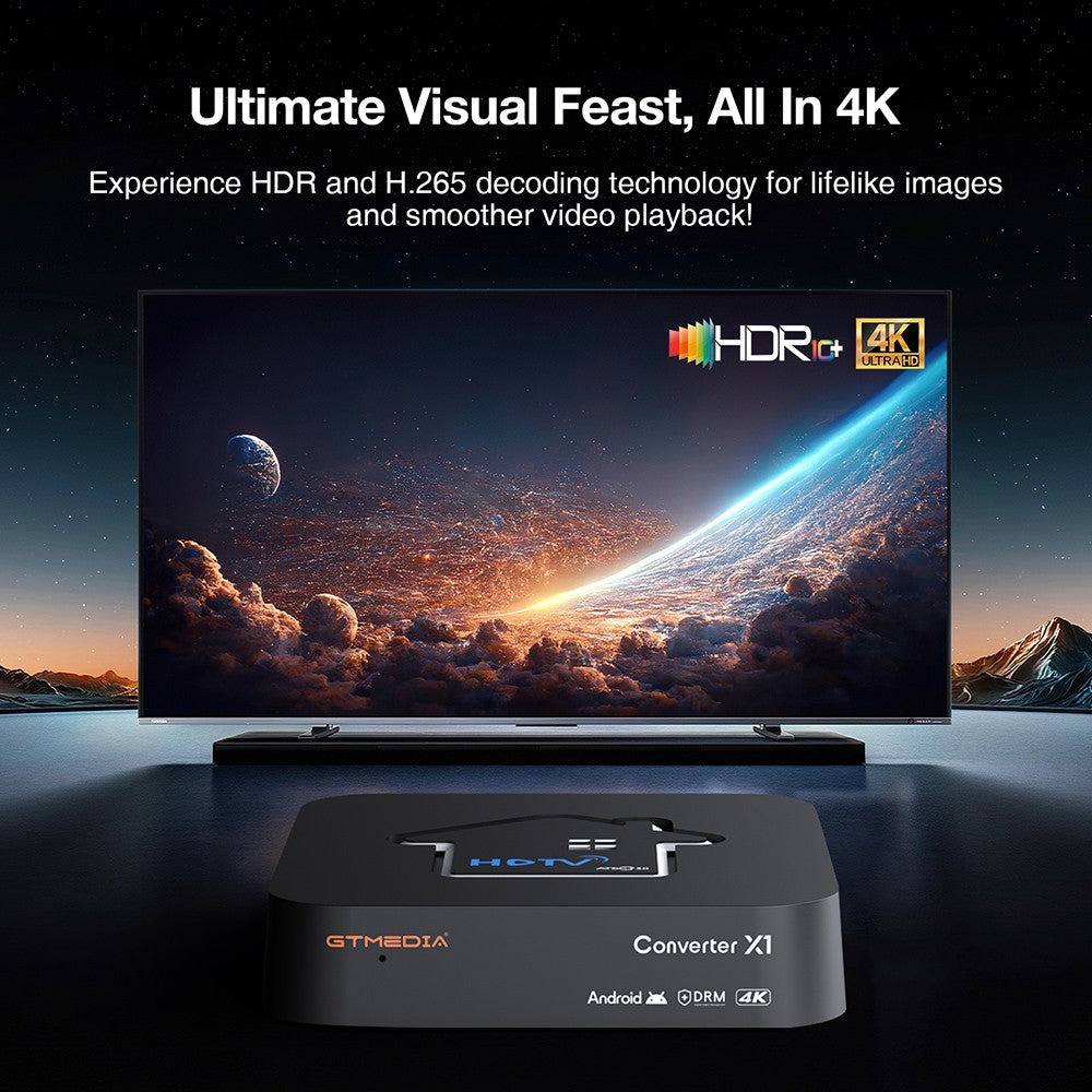 GTMEDIA HDTV Converter X1 TV Box, Android 11, ATSC 3.0 DRM, DVR nahrávání, 4K HDR, vestavěný Miracast, 2GB RAM 32GB ROM, Bluetooth 5.0, 2.4G/5G WiFi - americká zástrčka