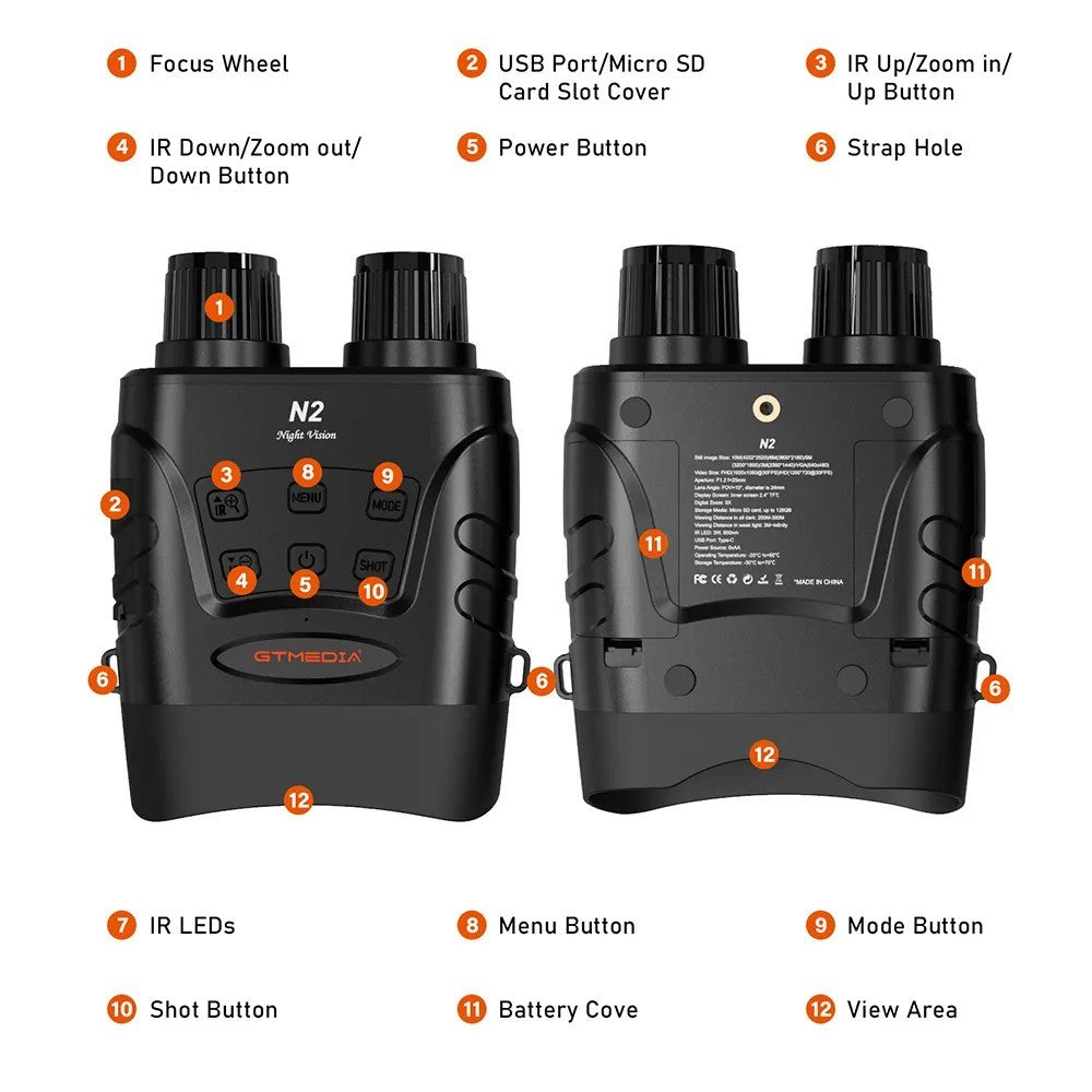 Noční vidění GTMEDIA N2 s dalekohledem, paměťová karta 32 GB, 5násobný zoom, 2,31palcový HD displej