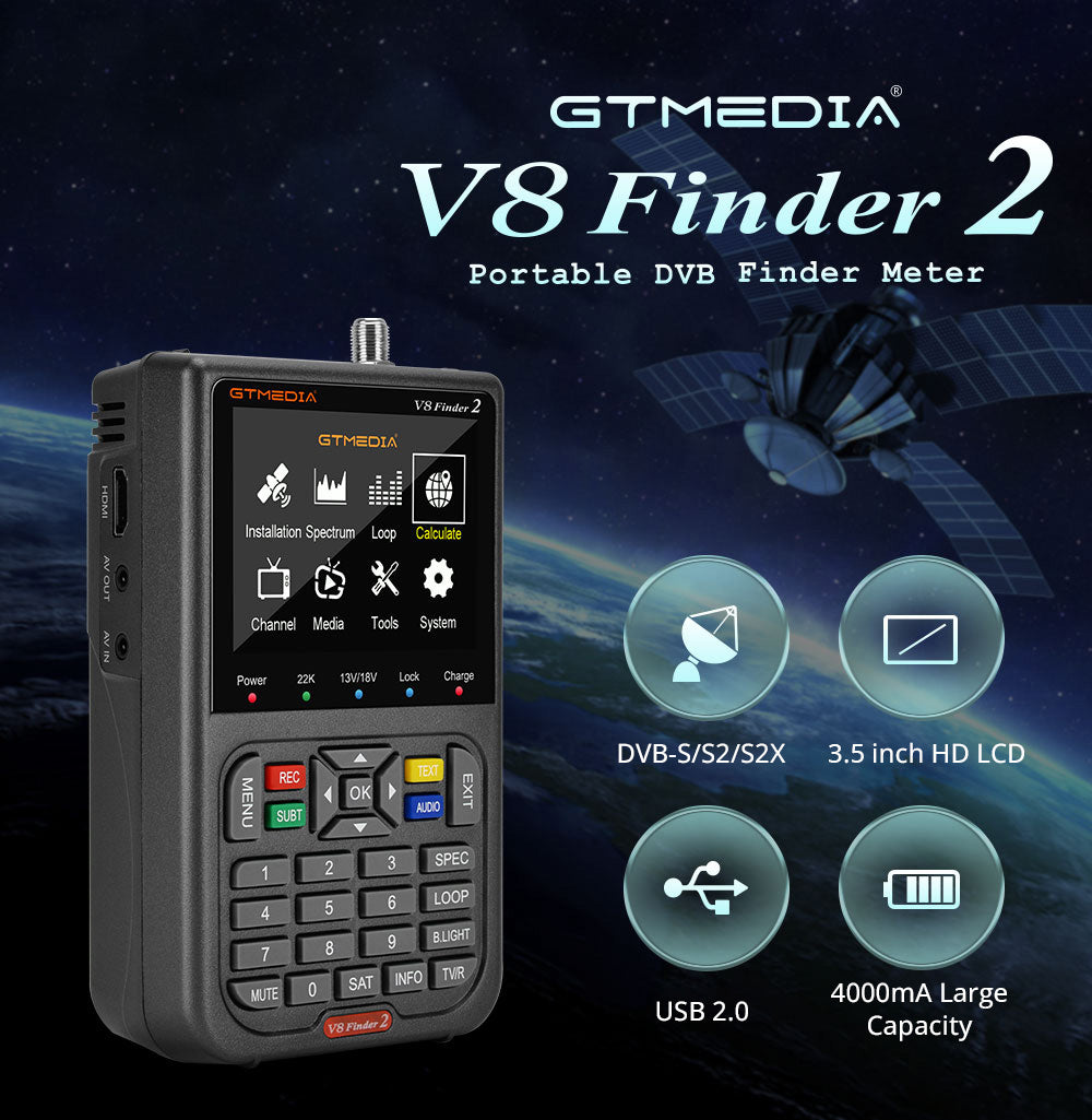 GTMEDIA V8 Finder 2 Satelitní vyhledávač Digitální FTA DVB-S/S2/S2X Měřič signálu Detektor Přijímač - Černý