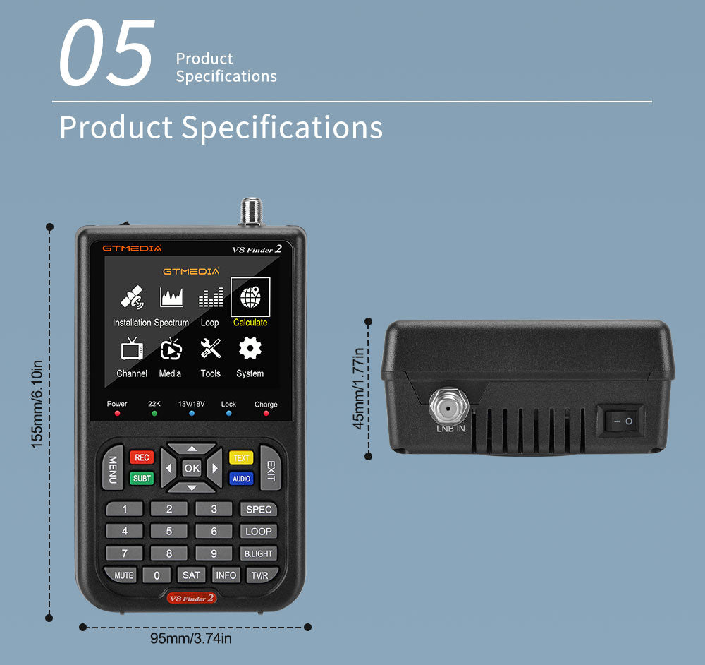 GTMEDIA V8 Finder 2 Satelitní vyhledávač Digitální FTA DVB-S/S2/S2X Měřič signálu Detektor Přijímač - Černý