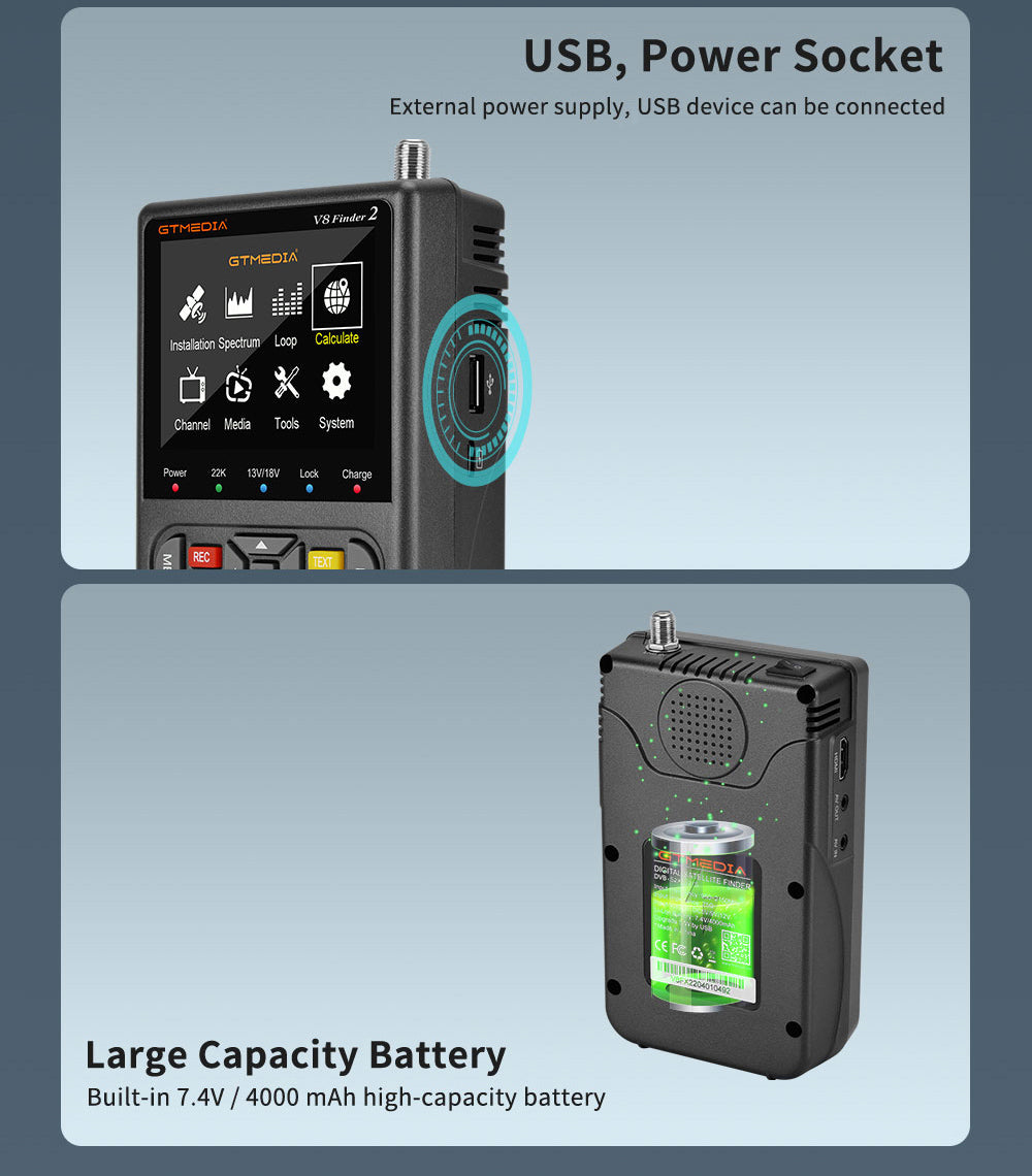 GTMEDIA V8 Finder 2 Satelitní vyhledávač Digitální FTA DVB-S/S2/S2X Měřič signálu Detektor Přijímač - Černý