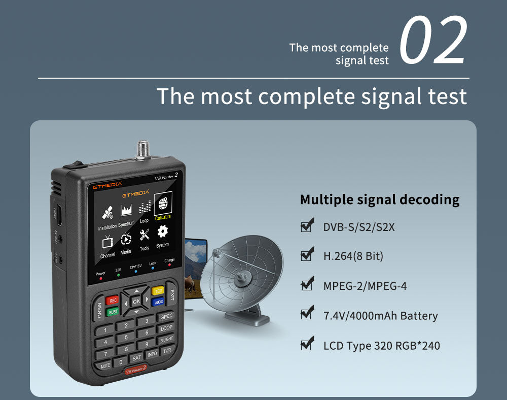 GTMEDIA V8 Finder 2 Satelitní vyhledávač Digitální FTA DVB-S/S2/S2X Měřič signálu Detektor Přijímač - Černý