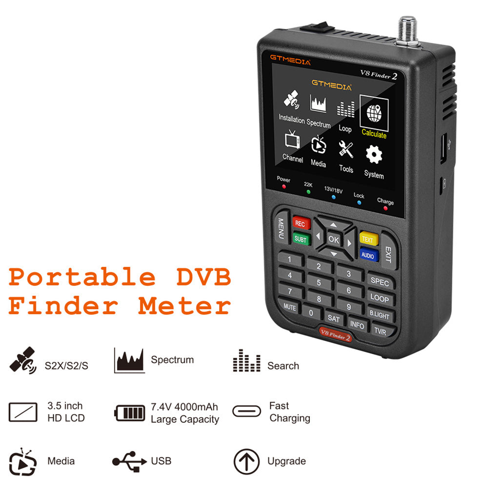 GTMEDIA V8 Finder 2 Satellite Finder Digital FTA DVB-S/S2/S2X Signal Measuring Meter Detector Receiver - Black