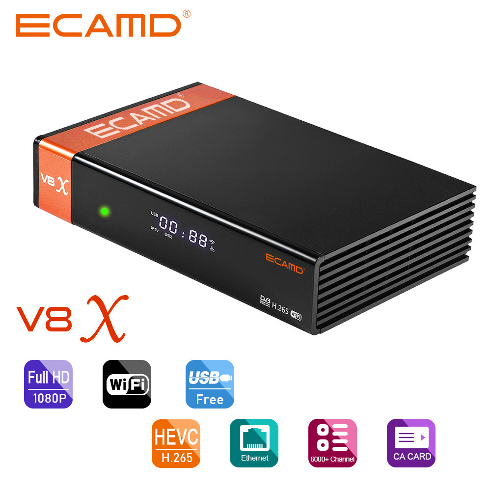 GTMEDIA ECAMD V8X LA DVB-S/S2/S2X set-top box, podpora MU3 IKS, vestavěná 2.4G WiFi, digitální přijímač TV signálu H.265, SCART OUT slot pro CA kartu, 1*LNB IN 1*HDMI 1*AV OUT 1*USB 1*RJ45 1*RS232 - EU