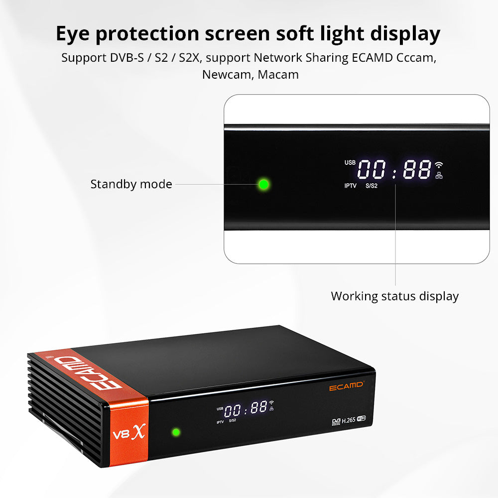 GTMEDIA ECAMD V8X LA DVB-S/S2/S2X set-top box, podpora MU3 IKS, vestavěná 2.4G WiFi, digitální přijímač TV signálu H.265, SCART OUT slot pro CA kartu, 1*LNB IN 1*HDMI 1*AV OUT 1*USB 1*RJ45 1*RS232 - EU