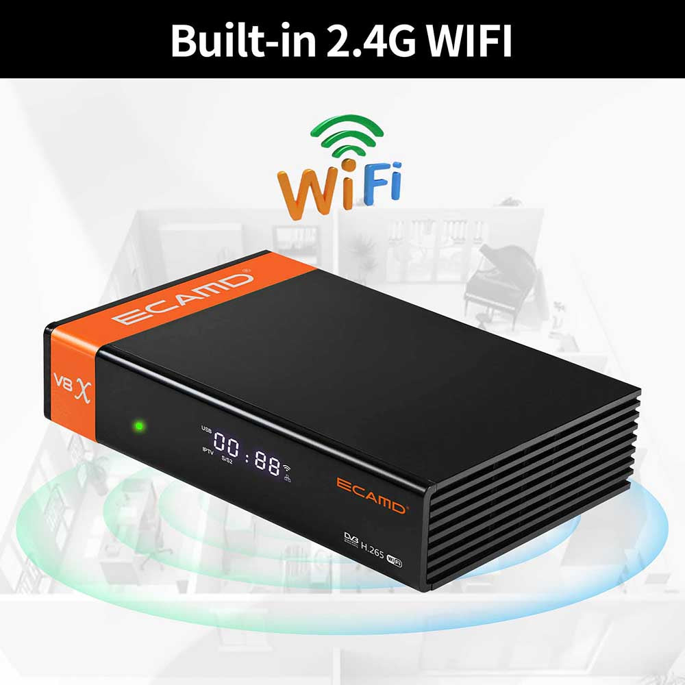 GTMEDIA ECAMD V8X LA DVB-S/S2/S2X set-top box, podpora MU3 IKS, vestavěná 2.4G WiFi, digitální přijímač TV signálu H.265, SCART OUT slot pro CA kartu, 1*LNB IN 1*HDMI 1*AV OUT 1*USB 1*RJ45 1*RS232 - EU