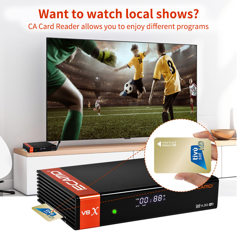 GTMEDIA ECAMD V8X LA DVB-S/S2/S2X set-top box, podpora MU3 IKS, vestavěná 2.4G WiFi, digitální přijímač TV signálu H.265, SCART OUT slot pro CA kartu, 1*LNB IN 1*HDMI 1*AV OUT 1*USB 1*RJ45 1*RS232 - EU