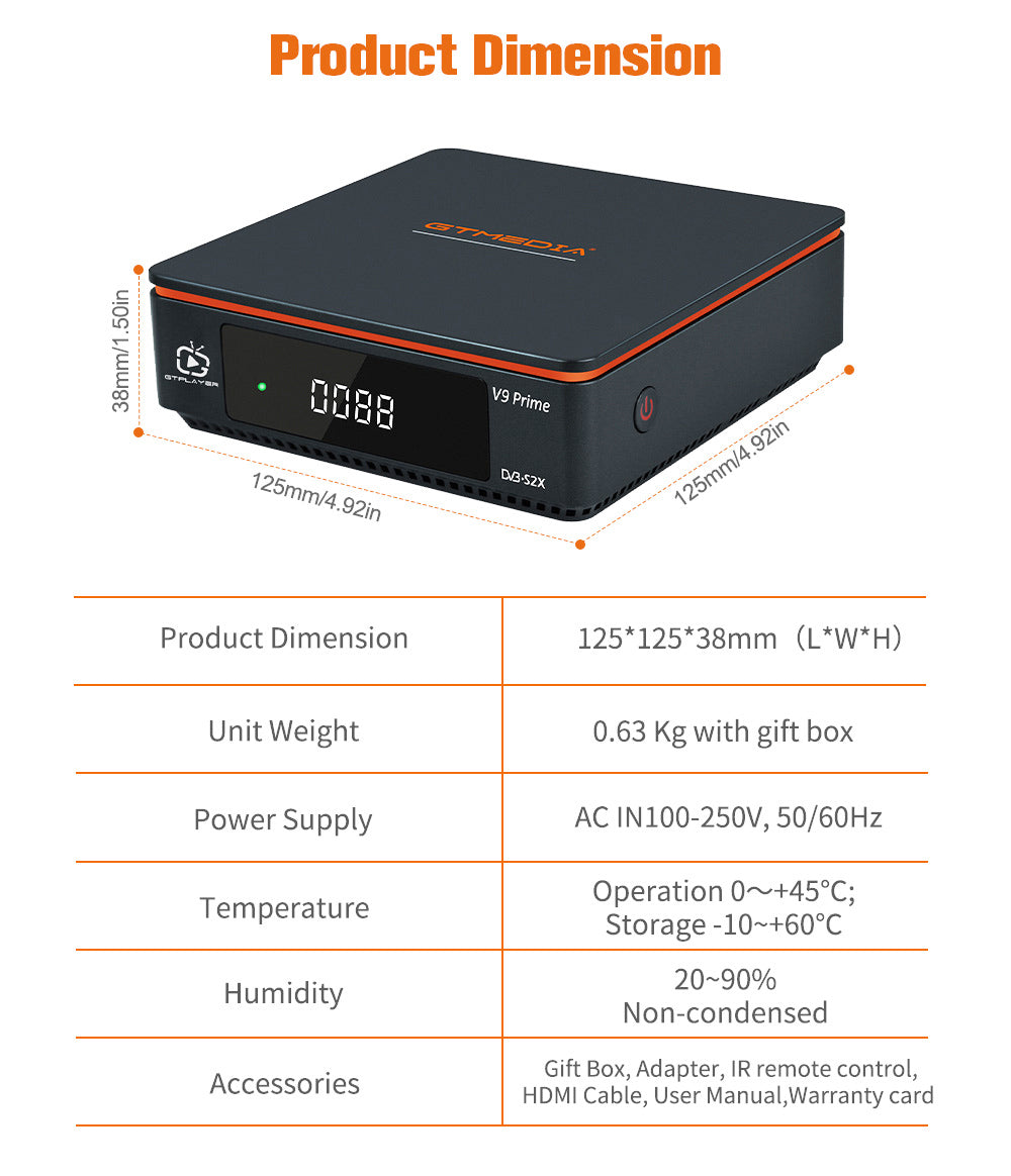 Satelitní přijímač GTMEDIA V9 Prime, DVB-S/S2/S2X, HEVC 10Bit, vestavěná 2.4G WiFi, podpora CA karet, automatické rolování Biss - zástrčka EU