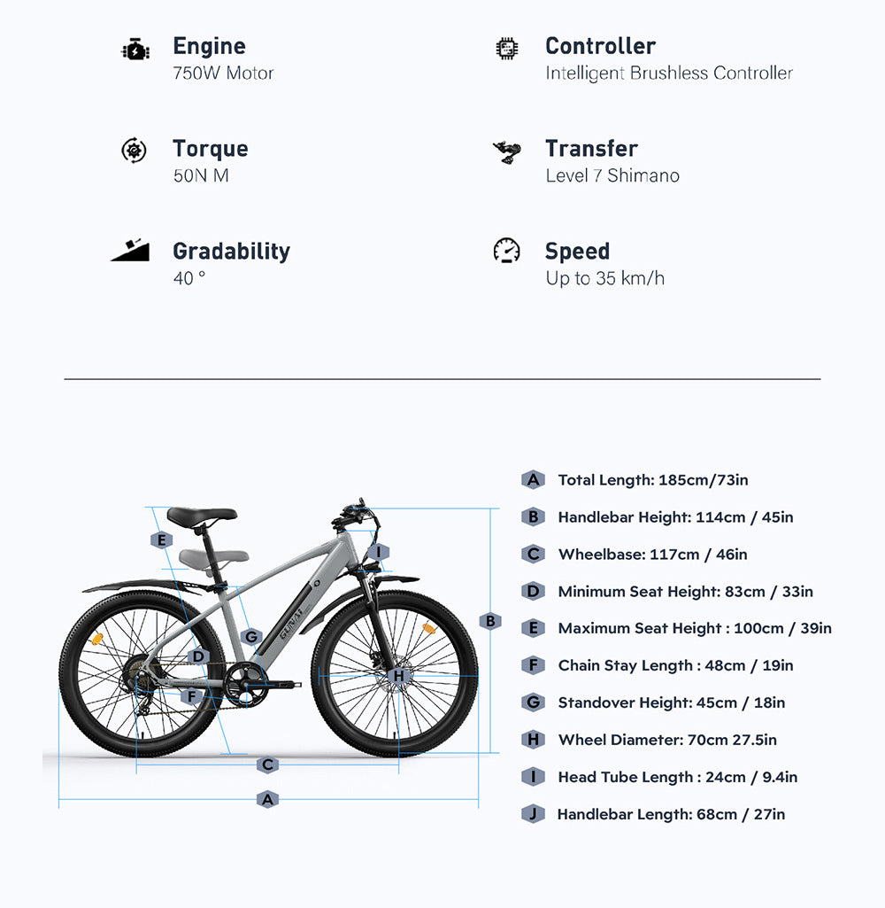 Elektrokolo GUNAI GN27, motor 750 W, baterie 48 V 10,4 Ah, senzor točivého momentu, pneumatiky 27,5 palce, maximální rychlost 35 km/h, maximální dojezd 70 km, řazení Shimano 7 rychlostí, kotoučová brzda