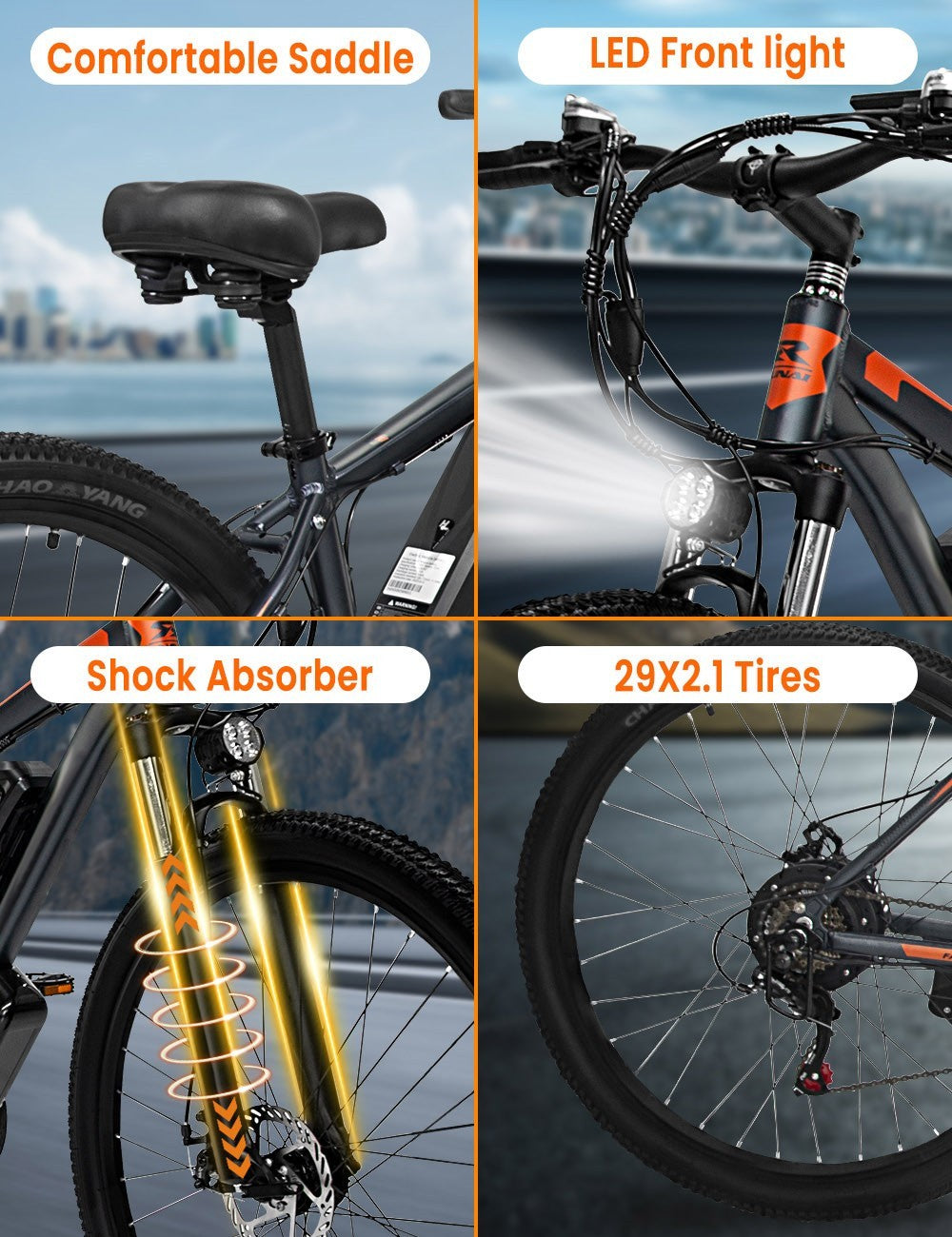 Elektrické kolo GUNAI GN29, pneumatiky 29*2,1 palce, motor 48 V 750 W, maximální rychlost 50 km/h, baterie 15 Ah, maximální dojezd 90 km, dvojité kotoučové brzdy