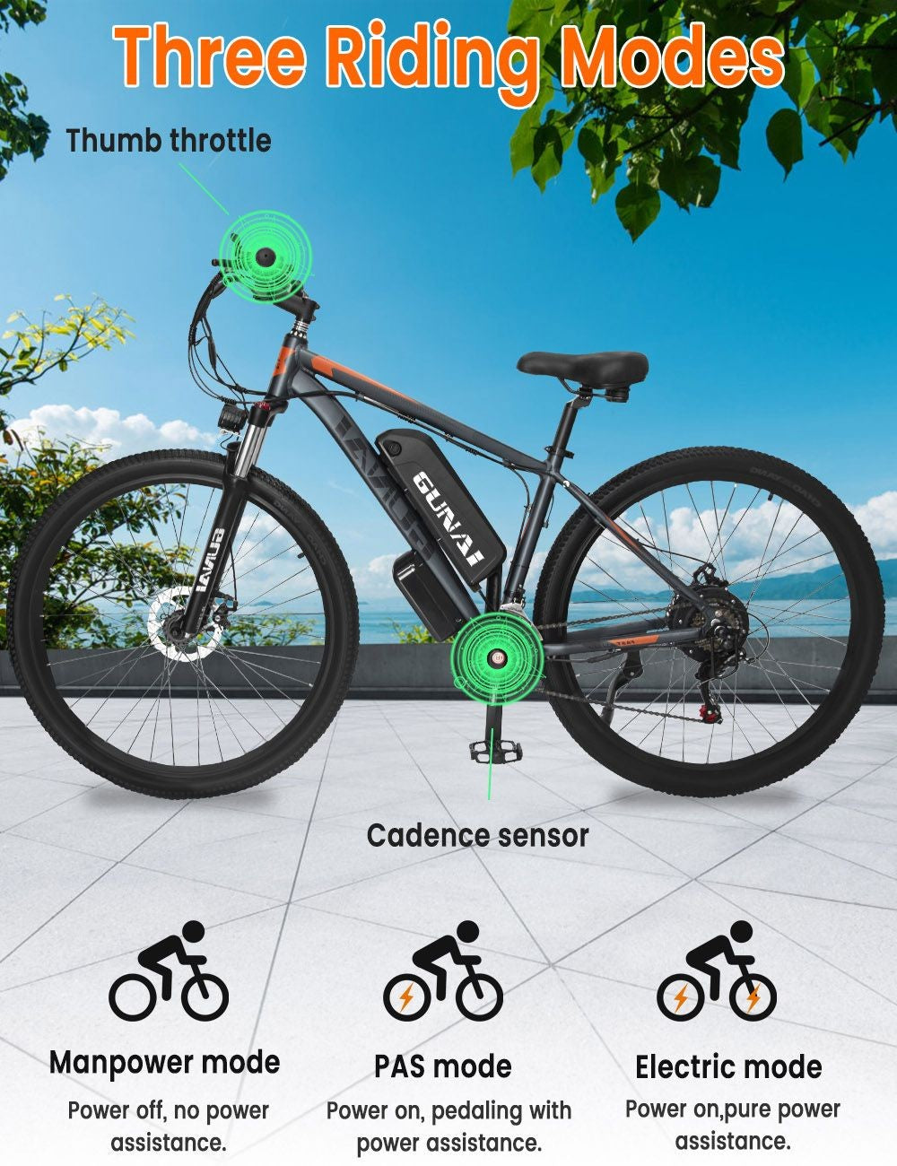 Elektrické kolo GUNAI GN29, pneumatiky 29*2,1 palce, motor 48 V 750 W, maximální rychlost 50 km/h, baterie 15 Ah, maximální dojezd 90 km, dvojité kotoučové brzdy