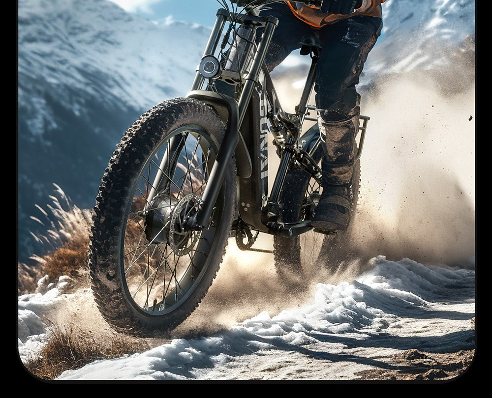 Elektrokolo GUNAI GN68, motor 2*1000, baterie 48 V 17,5 Ah, tlusté pneumatiky 26*3,0 palce, maximální rychlost 50 km/h, maximální dojezd 60 mil, řazení Shimano 7 rychlostí, mechanická kotoučová brzda