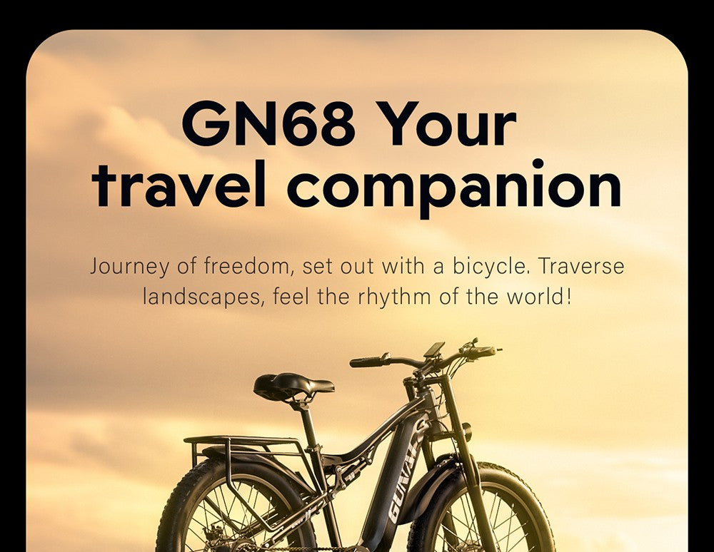 Elektrokolo GUNAI GN68, motor 2*1000, baterie 48 V 17,5 Ah, tlusté pneumatiky 26*3,0 palce, maximální rychlost 50 km/h, maximální dojezd 60 mil, řazení Shimano 7 rychlostí, mechanická kotoučová brzda