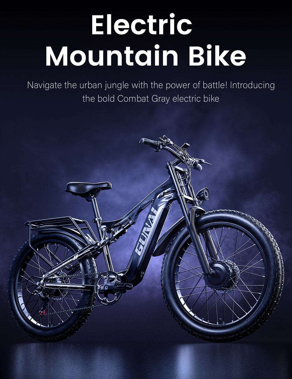 Elektrokolo GUNAI GN68, motor 2*1000, baterie 48 V 17,5 Ah, tlusté pneumatiky 26*3,0 palce, maximální rychlost 50 km/h, maximální dojezd 60 mil, řazení Shimano 7 rychlostí, mechanická kotoučová brzda