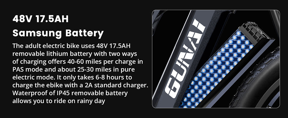 Elektrokolo GUNAI GN68, motor 2*1000, baterie 48 V 17,5 Ah, tlusté pneumatiky 26*3,0 palce, maximální rychlost 50 km/h, maximální dojezd 60 mil, řazení Shimano 7 rychlostí, mechanická kotoučová brzda