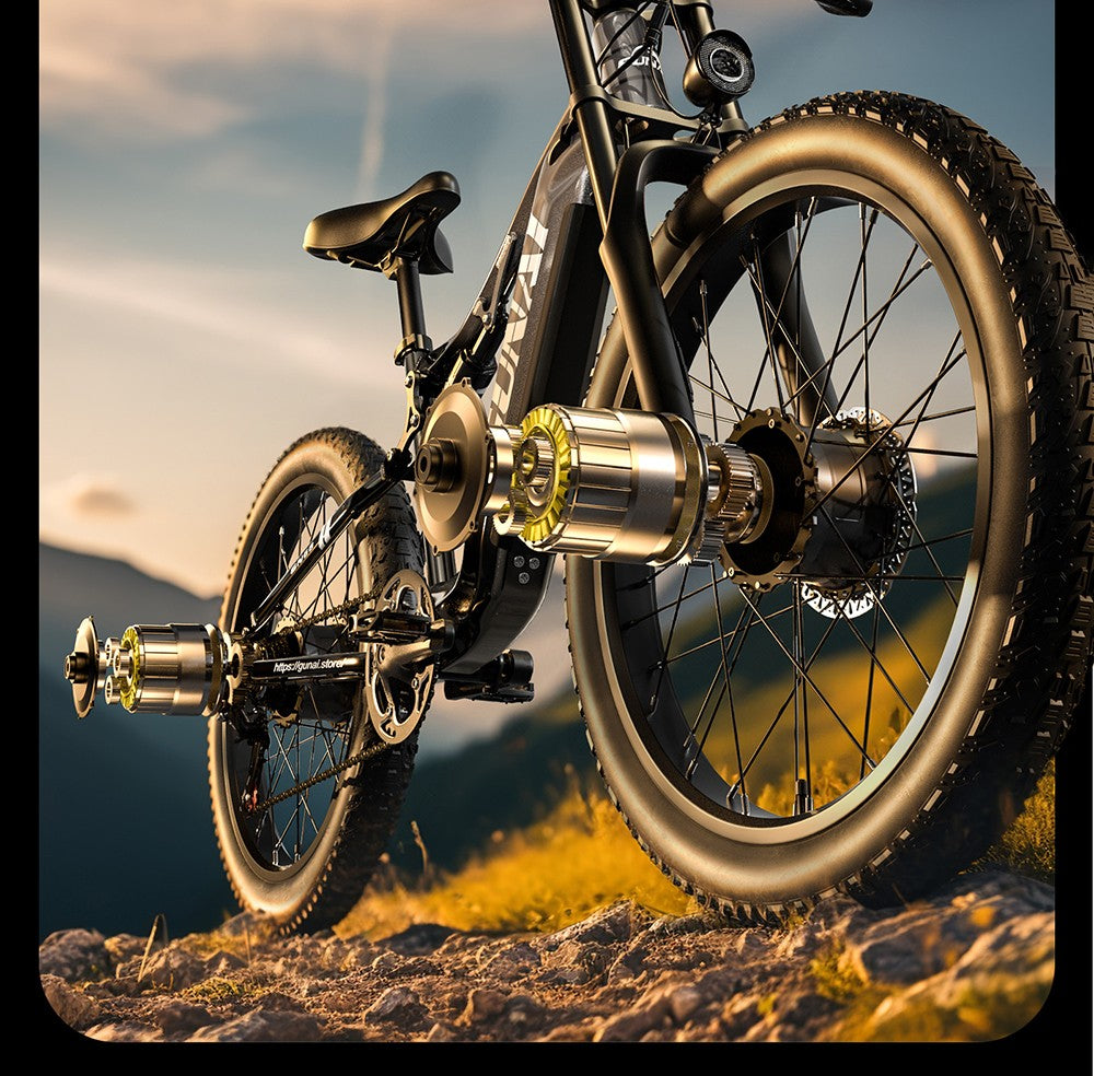 Elektrokolo GUNAI GN68, motor 2*1000, baterie 48 V 17,5 Ah, tlusté pneumatiky 26*3,0 palce, maximální rychlost 50 km/h, maximální dojezd 60 mil, řazení Shimano 7 rychlostí, mechanická kotoučová brzda