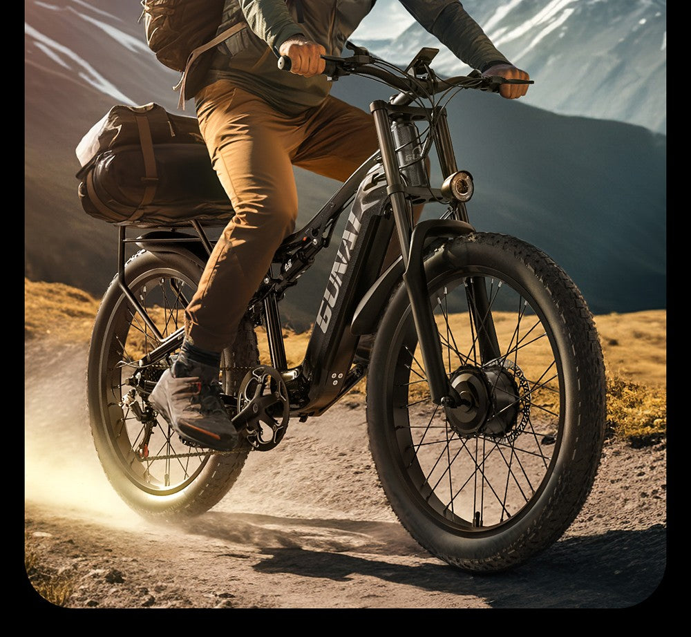 Elektrokolo GUNAI GN68, motor 2*1000, baterie 48 V 17,5 Ah, tlusté pneumatiky 26*3,0 palce, maximální rychlost 50 km/h, maximální dojezd 60 mil, řazení Shimano 7 rychlostí, mechanická kotoučová brzda