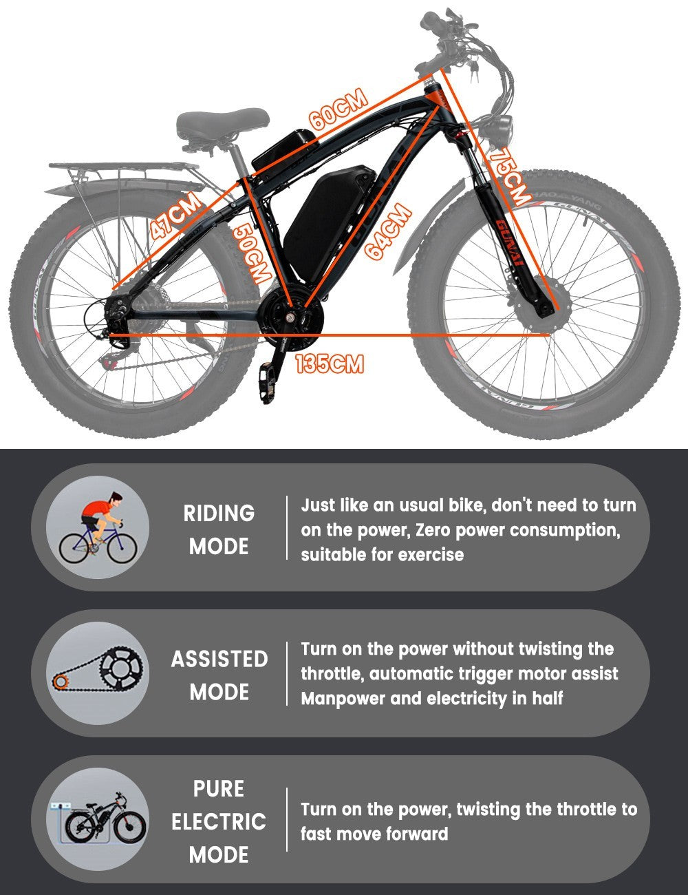 Elektrické horské kolo GUNAI GN88, 26" tlusté pneumatiky, 1000W, 2 motory, maximální rychlost 55 km/h, baterie 48 V, 22 Ah, dojezd 130 km