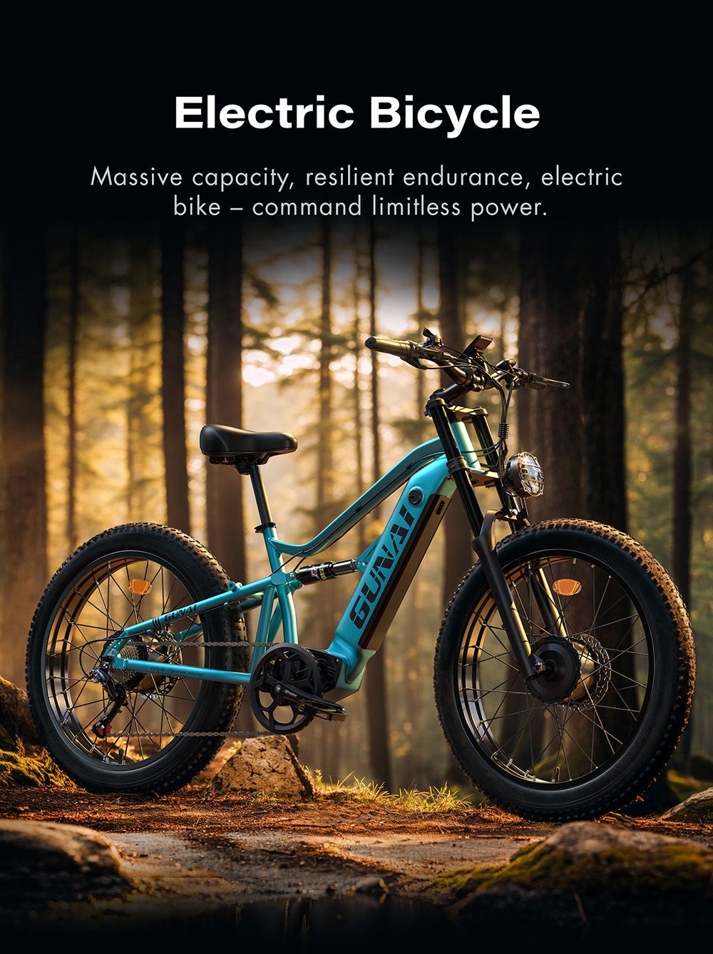 Elektrokolo GUNAI-M2, motor 2*750 W, baterie 48 V 17,5 Ah, pneumatiky 26*4,0 palce, maximální rychlost 60 km/h, dojezd 55 km, hydraulické kotoučové brzdy, dvojité odpružení, řazení Shimano 7 rychlostí