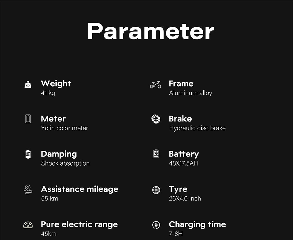 Elektrokolo GUNAI-M2, motor 2*750 W, baterie 48 V 17,5 Ah, pneumatiky 26*4,0 palce, maximální rychlost 60 km/h, dojezd 55 km, hydraulické kotoučové brzdy, dvojité odpružení, řazení Shimano 7 rychlostí