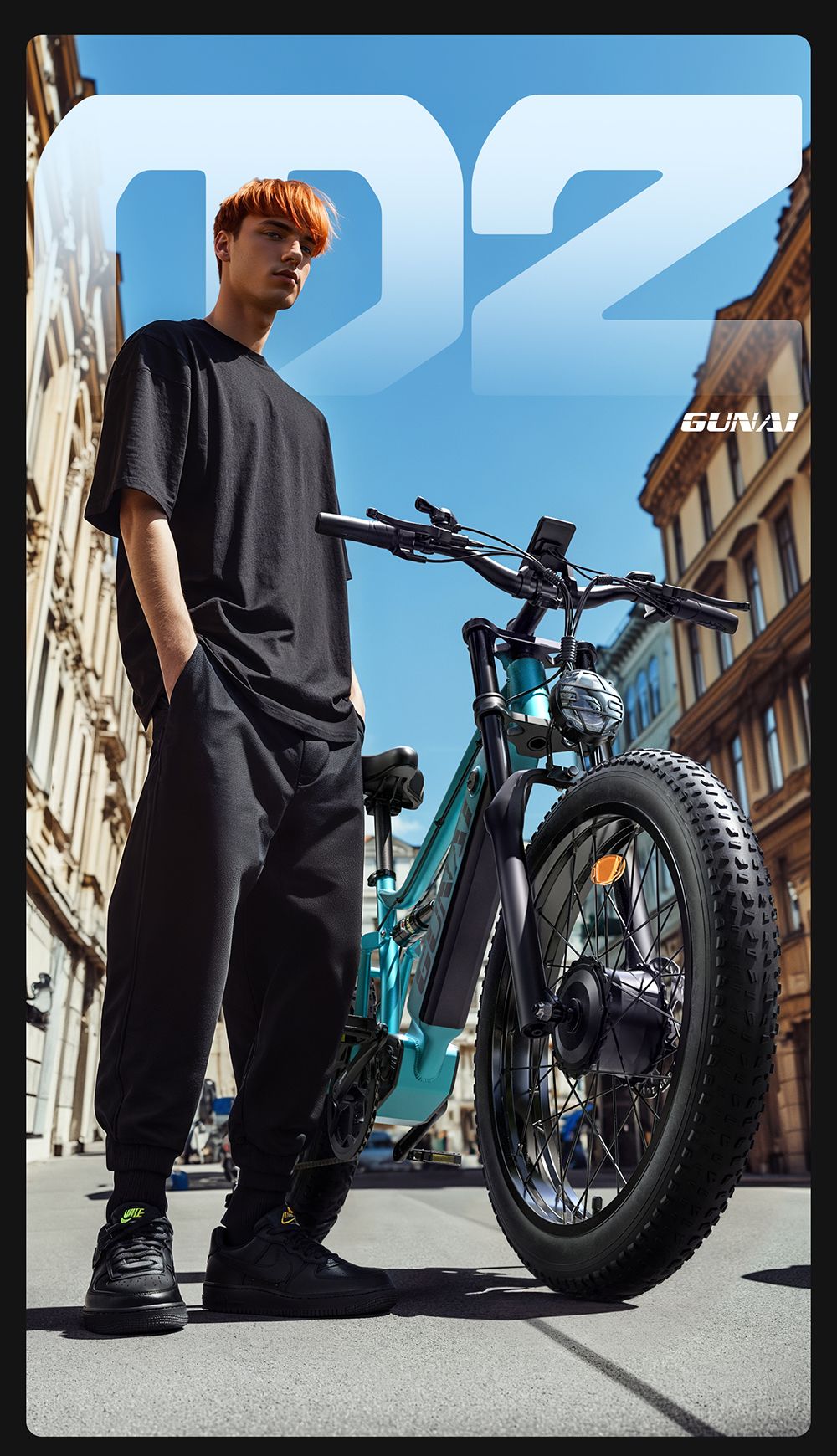 Elektrokolo GUNAI-M2, motor 2*750 W, baterie 48 V 17,5 Ah, pneumatiky 26*4,0 palce, maximální rychlost 60 km/h, dojezd 55 km, hydraulické kotoučové brzdy, dvojité odpružení, řazení Shimano 7 rychlostí