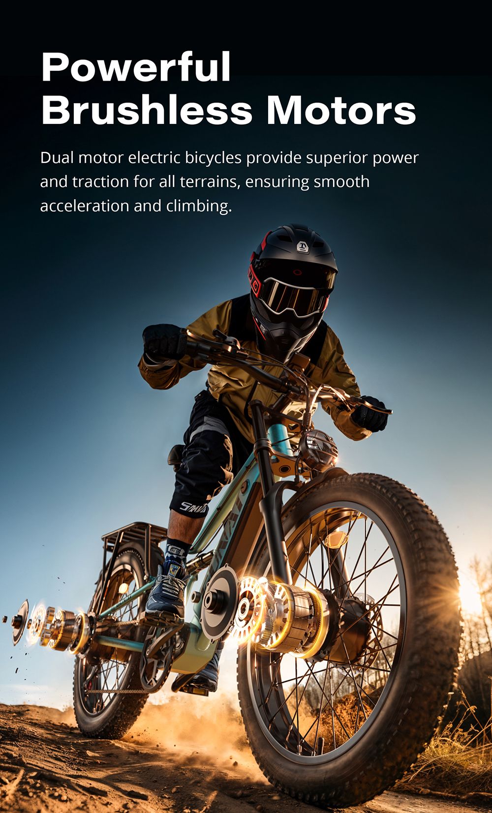 Elektrokolo GUNAI-M2, motor 2*750 W, baterie 48 V 17,5 Ah, pneumatiky 26*4,0 palce, maximální rychlost 60 km/h, dojezd 55 km, hydraulické kotoučové brzdy, dvojité odpružení, řazení Shimano 7 rychlostí