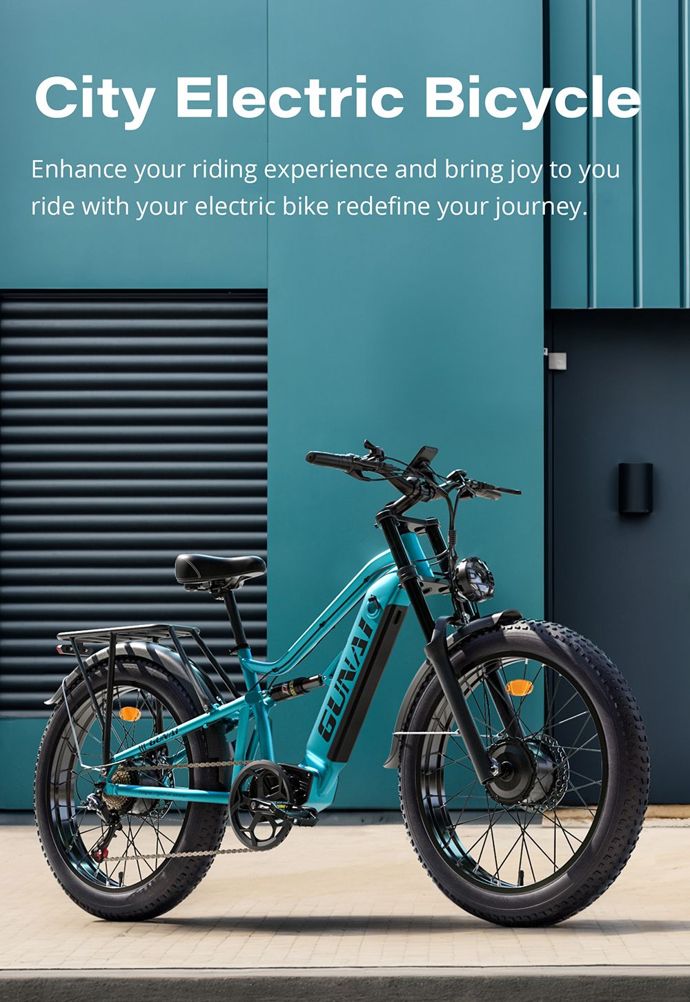 Elektrokolo GUNAI-M2, motor 2*750 W, baterie 48 V 17,5 Ah, pneumatiky 26*4,0 palce, maximální rychlost 60 km/h, dojezd 55 km, hydraulické kotoučové brzdy, dvojité odpružení, řazení Shimano 7 rychlostí