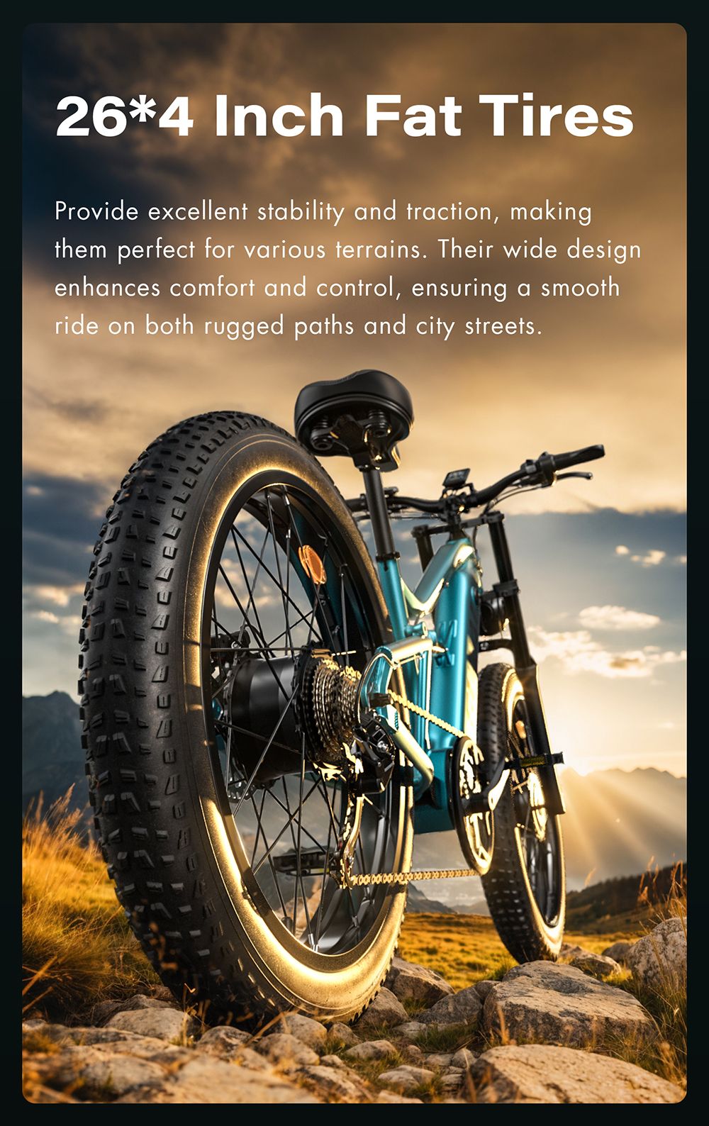 Elektrokolo GUNAI-M2, motor 2*750 W, baterie 48 V 17,5 Ah, pneumatiky 26*4,0 palce, maximální rychlost 60 km/h, dojezd 55 km, hydraulické kotoučové brzdy, dvojité odpružení, řazení Shimano 7 rychlostí