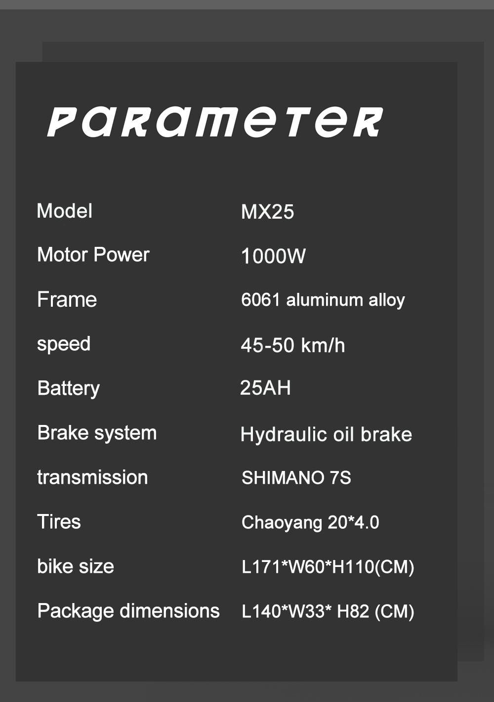 GUNAI MX25 48V 25Ah 2000W 20X4,0 palce Elektrické kolo Olejové brzdy 50-60 km Najeto 200 kg Nosnost Elektrokolo Černá