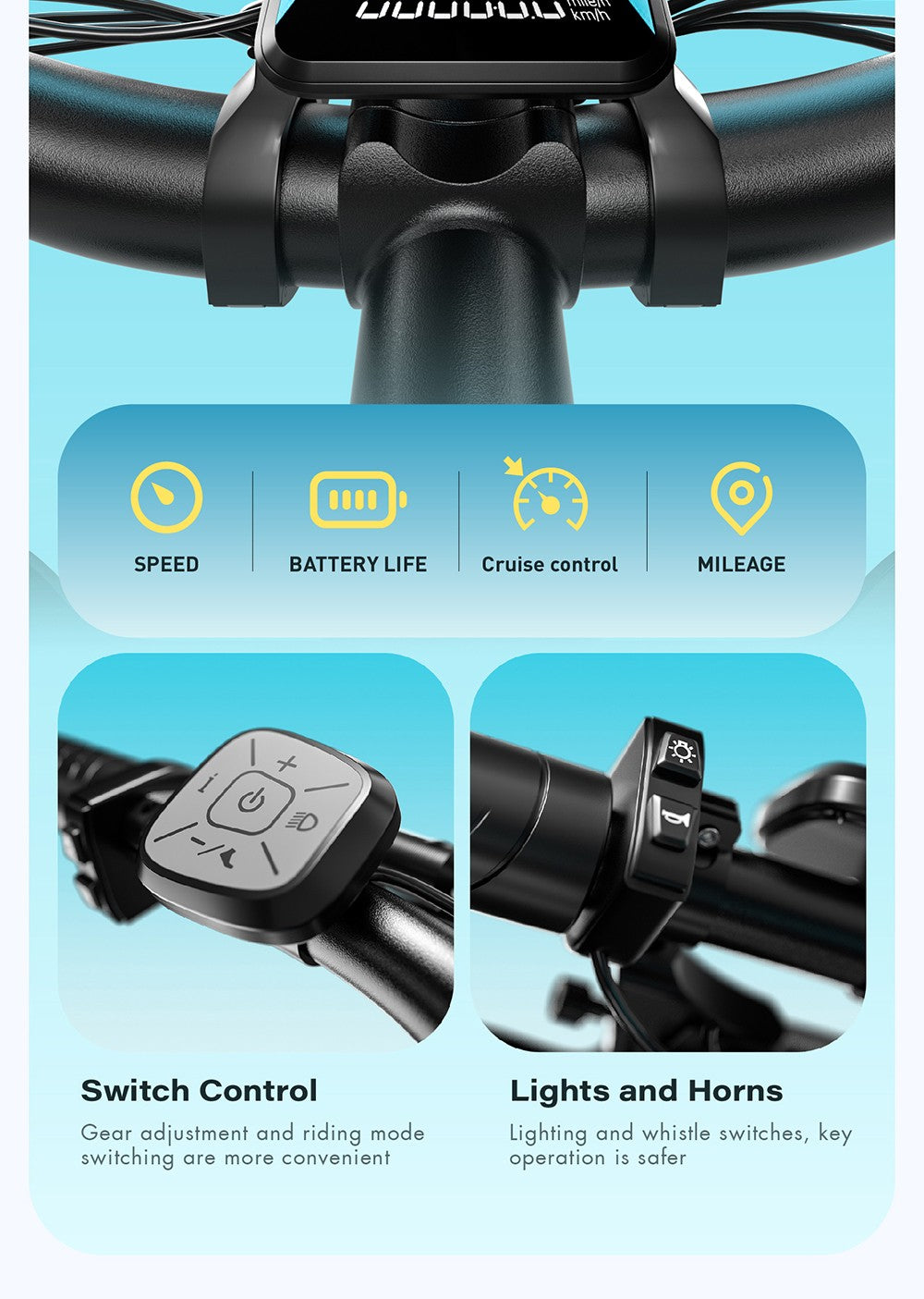 Elektrokolo GUNAI-V, motor 1000 W, baterie 48 V 21 Ah, tlusté pneumatiky 26 x 4,0 palce, maximální rychlost 50 km/h, dojezd 70 km, dvojité hydraulické kotoučové brzdy, Shimano 7 rychlostí, LCD displej