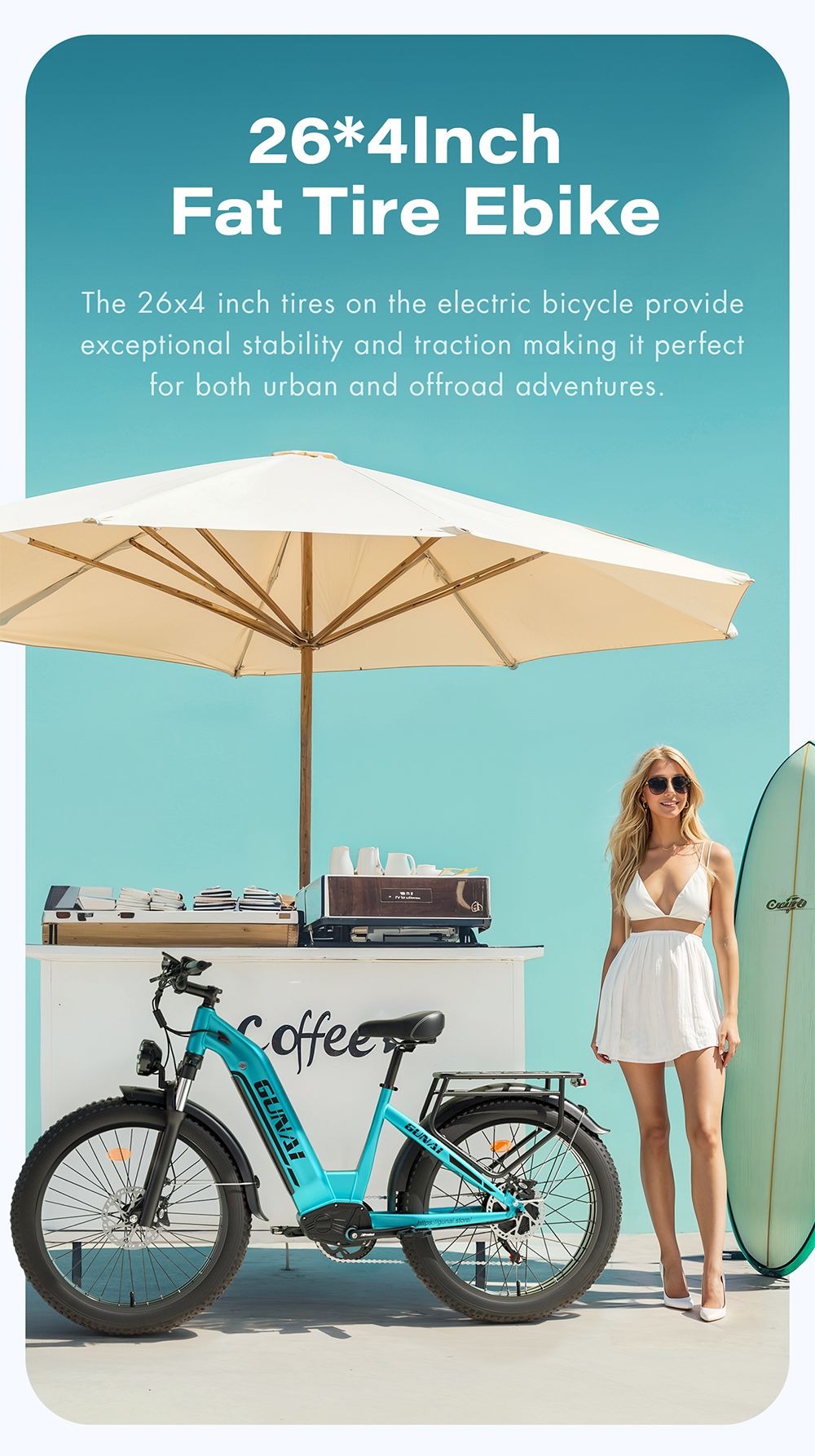 Elektrokolo GUNAI-V, motor 1000 W, baterie 48 V 21 Ah, tlusté pneumatiky 26 x 4,0 palce, maximální rychlost 50 km/h, dojezd 70 km, dvojité hydraulické kotoučové brzdy, Shimano 7 rychlostí, LCD displej