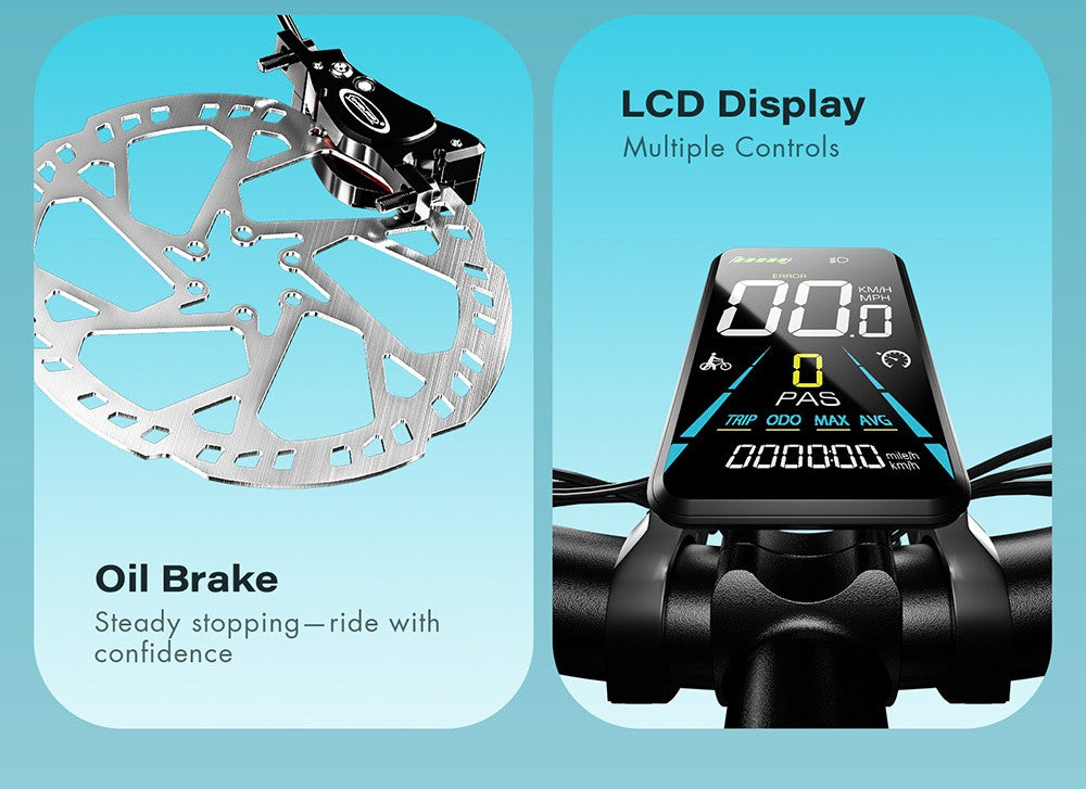 Elektrokolo GUNAI-V, motor 1000 W, baterie 48 V 21 Ah, tlusté pneumatiky 26 x 4,0 palce, maximální rychlost 50 km/h, dojezd 70 km, dvojité hydraulické kotoučové brzdy, Shimano 7 rychlostí, LCD displej