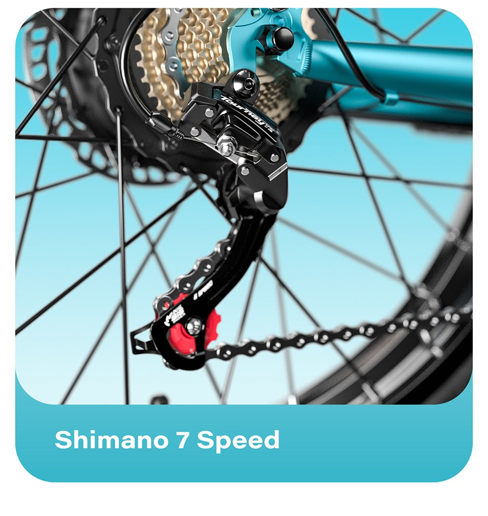 Elektrokolo GUNAI-V, motor 1000 W, baterie 48 V 21 Ah, tlusté pneumatiky 26 x 4,0 palce, maximální rychlost 50 km/h, dojezd 70 km, dvojité hydraulické kotoučové brzdy, Shimano 7 rychlostí, LCD displej