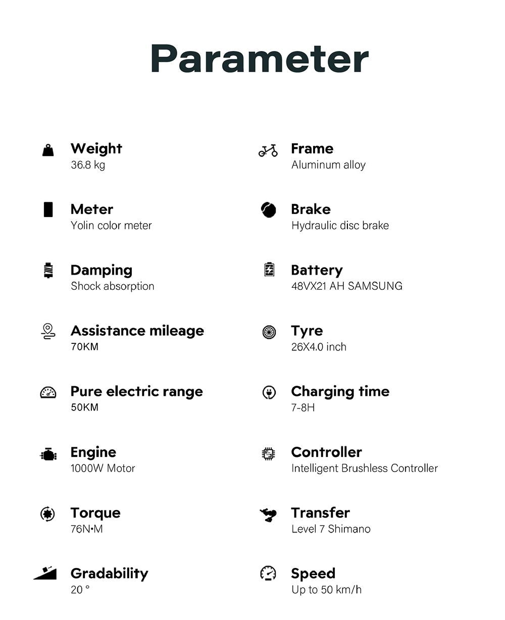 Elektrokolo GUNAI-V, motor 1000 W, baterie 48 V 21 Ah, tlusté pneumatiky 26 x 4,0 palce, maximální rychlost 50 km/h, dojezd 70 km, dvojité hydraulické kotoučové brzdy, Shimano 7 rychlostí, LCD displej