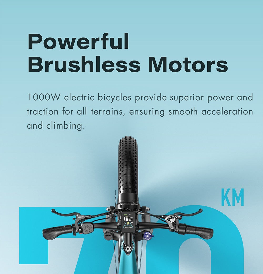 Elektrokolo GUNAI-V, motor 1000 W, baterie 48 V 21 Ah, tlusté pneumatiky 26 x 4,0 palce, maximální rychlost 50 km/h, dojezd 70 km, dvojité hydraulické kotoučové brzdy, Shimano 7 rychlostí, LCD displej