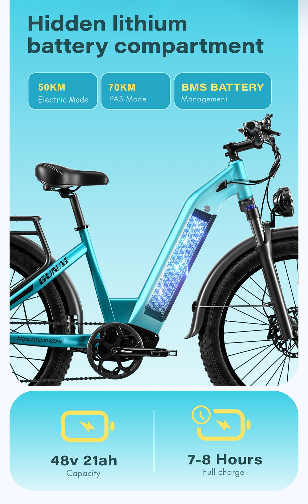 Elektrokolo GUNAI-V, motor 1000 W, baterie 48 V 21 Ah, tlusté pneumatiky 26 x 4,0 palce, maximální rychlost 50 km/h, dojezd 70 km, dvojité hydraulické kotoučové brzdy, Shimano 7 rychlostí, LCD displej