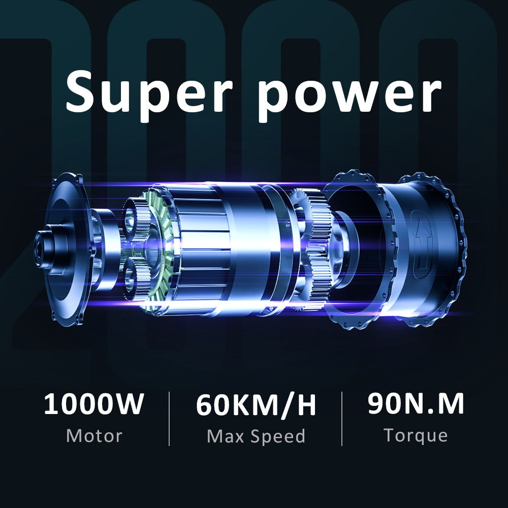 Elektrokolo GUNAI-Y, motor 1000 W, baterie 48 V 18 Ah, tlusté pneumatiky 20 x 4,0 palce, maximální rychlost 60 km/h, dojezd 100 km, hydraulické kotoučové brzdy, odpružení vpředu a vzadu, řazení Shimano 7 rychlostí