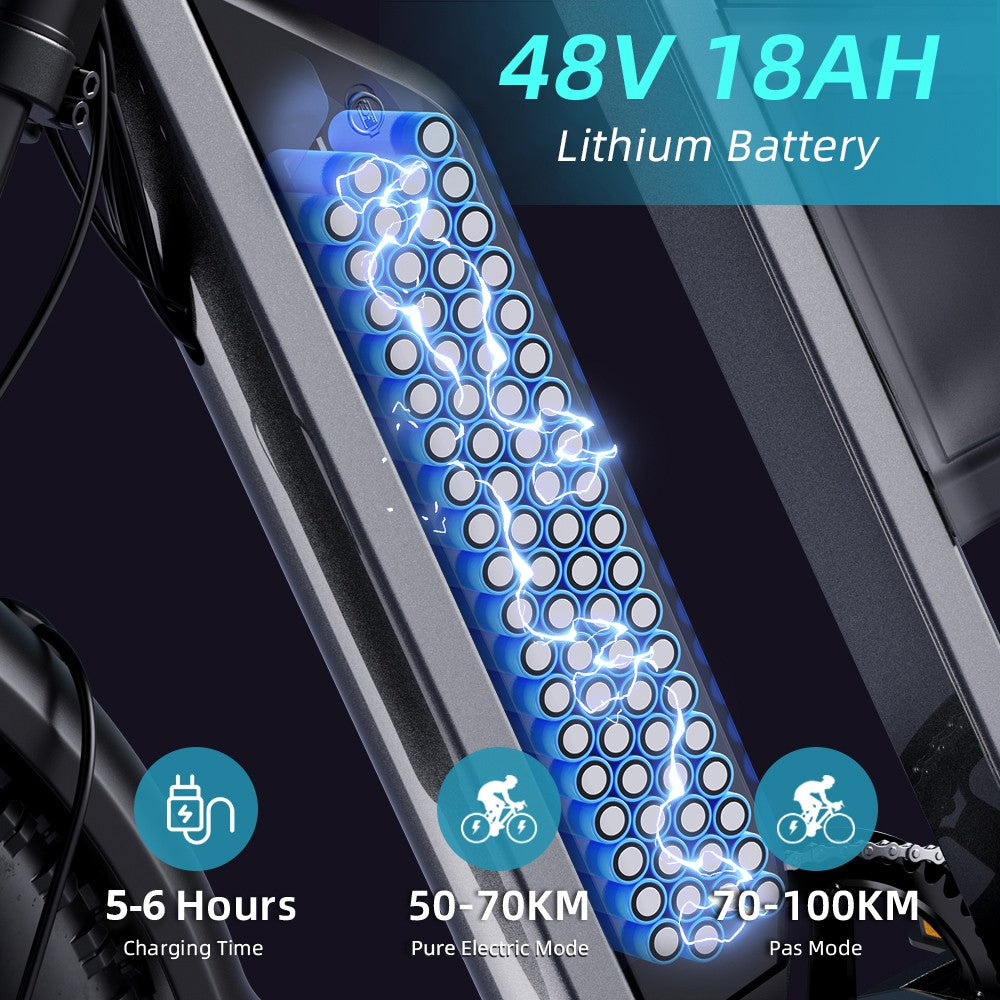 Elektrokolo GUNAI-Y, motor 1000 W, baterie 48 V 18 Ah, tlusté pneumatiky 20 x 4,0 palce, maximální rychlost 60 km/h, dojezd 100 km, hydraulické kotoučové brzdy, odpružení vpředu a vzadu, řazení Shimano 7 rychlostí