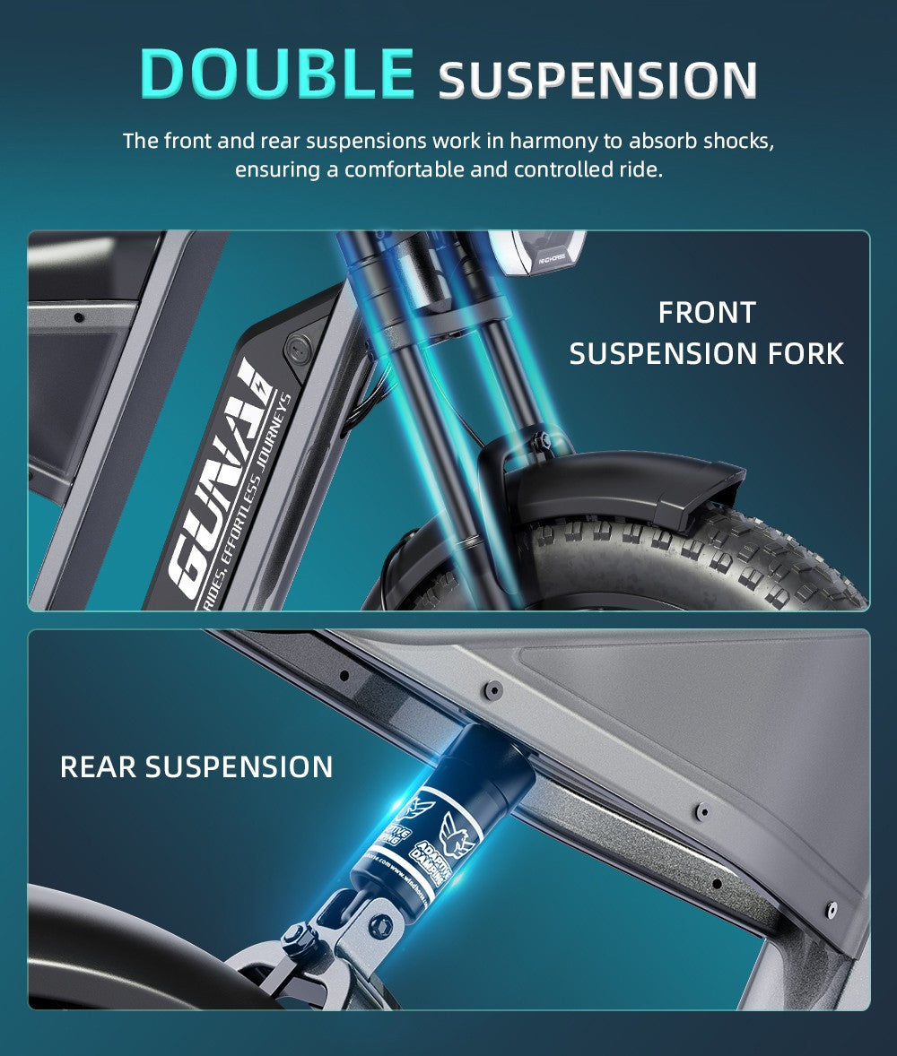 Elektrokolo GUNAI-Y, motor 1000 W, baterie 48 V 18 Ah, tlusté pneumatiky 20 x 4,0 palce, maximální rychlost 60 km/h, dojezd 100 km, hydraulické kotoučové brzdy, odpružení vpředu a vzadu, řazení Shimano 7 rychlostí