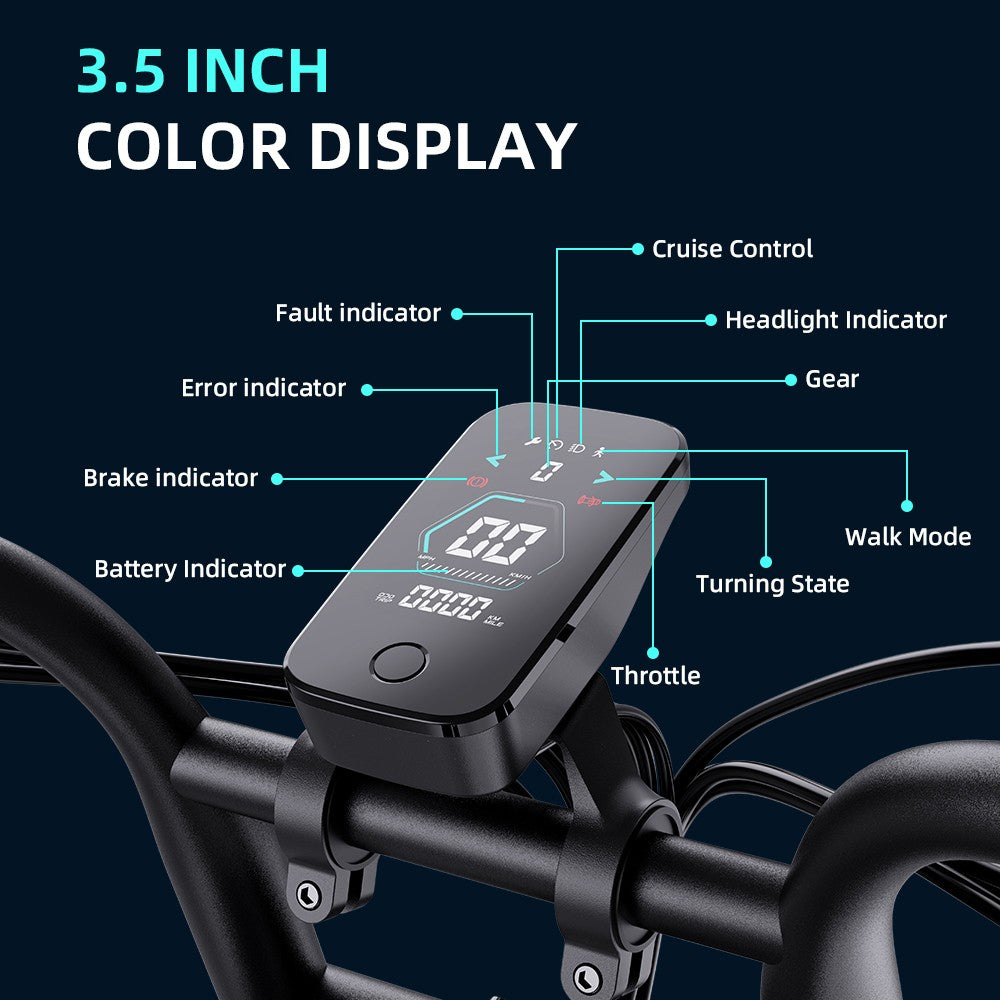 Elektrokolo GUNAI-Y, motor 1000 W, baterie 48 V 18 Ah, tlusté pneumatiky 20 x 4,0 palce, maximální rychlost 60 km/h, dojezd 100 km, hydraulické kotoučové brzdy, odpružení vpředu a vzadu, řazení Shimano 7 rychlostí