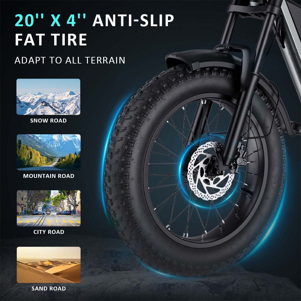 Elektrokolo GUNAI-Y, motor 1000 W, baterie 48 V 18 Ah, tlusté pneumatiky 20 x 4,0 palce, maximální rychlost 60 km/h, dojezd 100 km, hydraulické kotoučové brzdy, odpružení vpředu a vzadu, řazení Shimano 7 rychlostí