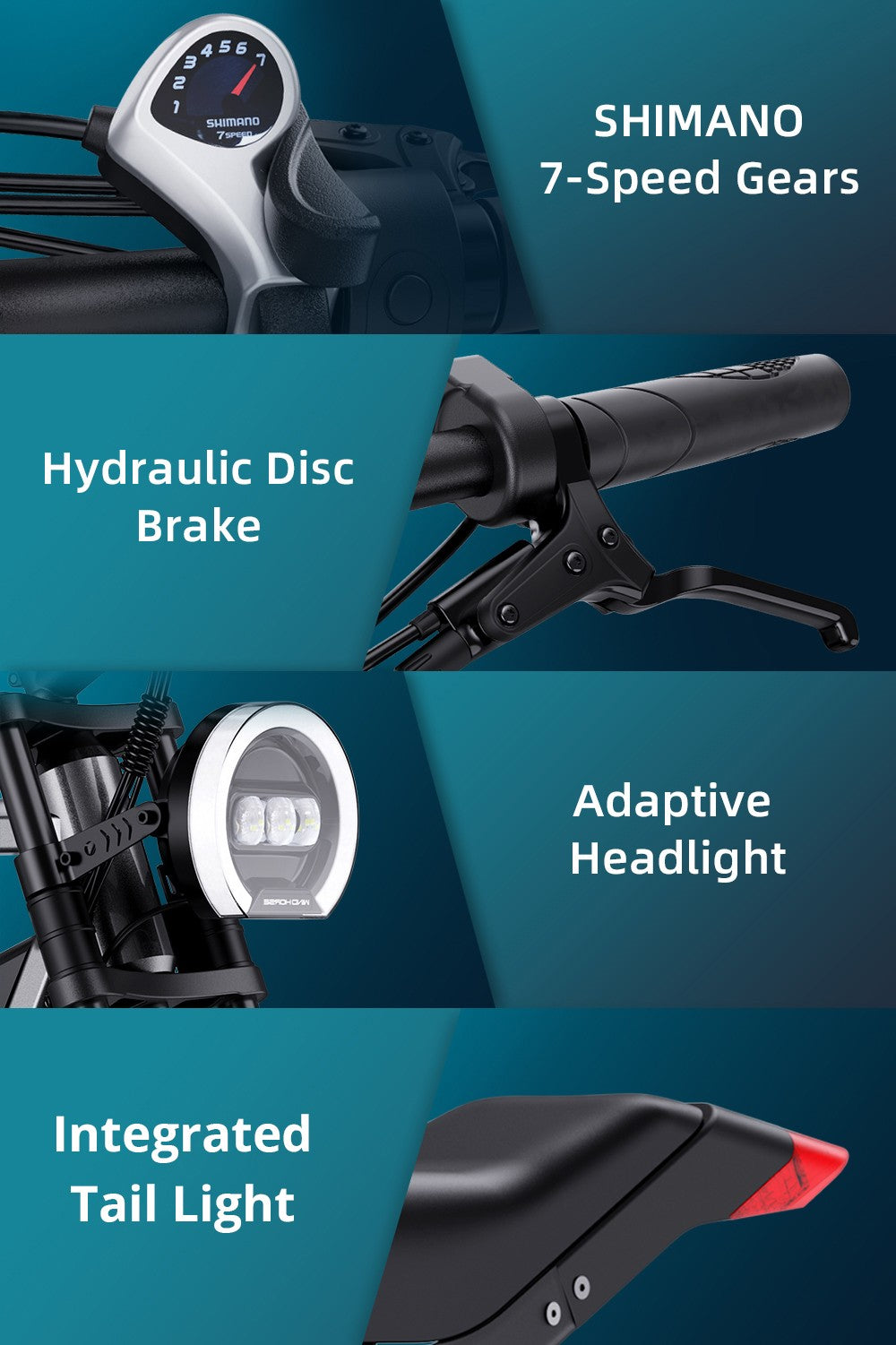 Elektrokolo GUNAI-Y, motor 1000 W, baterie 48 V 18 Ah, tlusté pneumatiky 20 x 4,0 palce, maximální rychlost 60 km/h, dojezd 100 km, hydraulické kotoučové brzdy, odpružení vpředu a vzadu, řazení Shimano 7 rychlostí