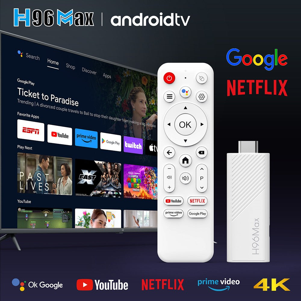 TV Stick H96 Max H313 s Androidem 14, 2 GB RAM, 16 GB ROM, čtyřjádrový procesor ARM Cortex A53, 4K UHD, WiFi 6, vestavěný Chromecast, hry z Google Play, 1*HDMI, 1*USB 2.0
