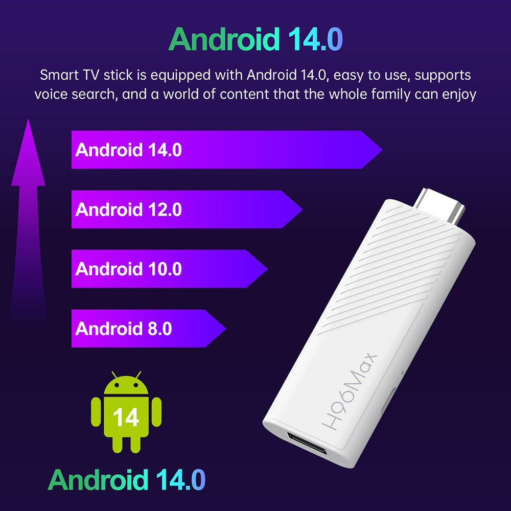 TV Stick H96 Max H313 s Androidem 14, 2 GB RAM, 16 GB ROM, čtyřjádrový procesor ARM Cortex A53, 4K UHD, WiFi 6, vestavěný Chromecast, hry z Google Play, 1*HDMI, 1*USB 2.0