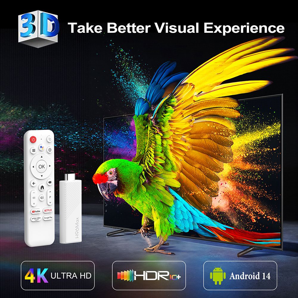 TV Stick H96 Max H313 s Androidem 14, 2 GB RAM, 16 GB ROM, čtyřjádrový procesor ARM Cortex A53, 4K UHD, WiFi 6, vestavěný Chromecast, hry z Google Play, 1*HDMI, 1*USB 2.0