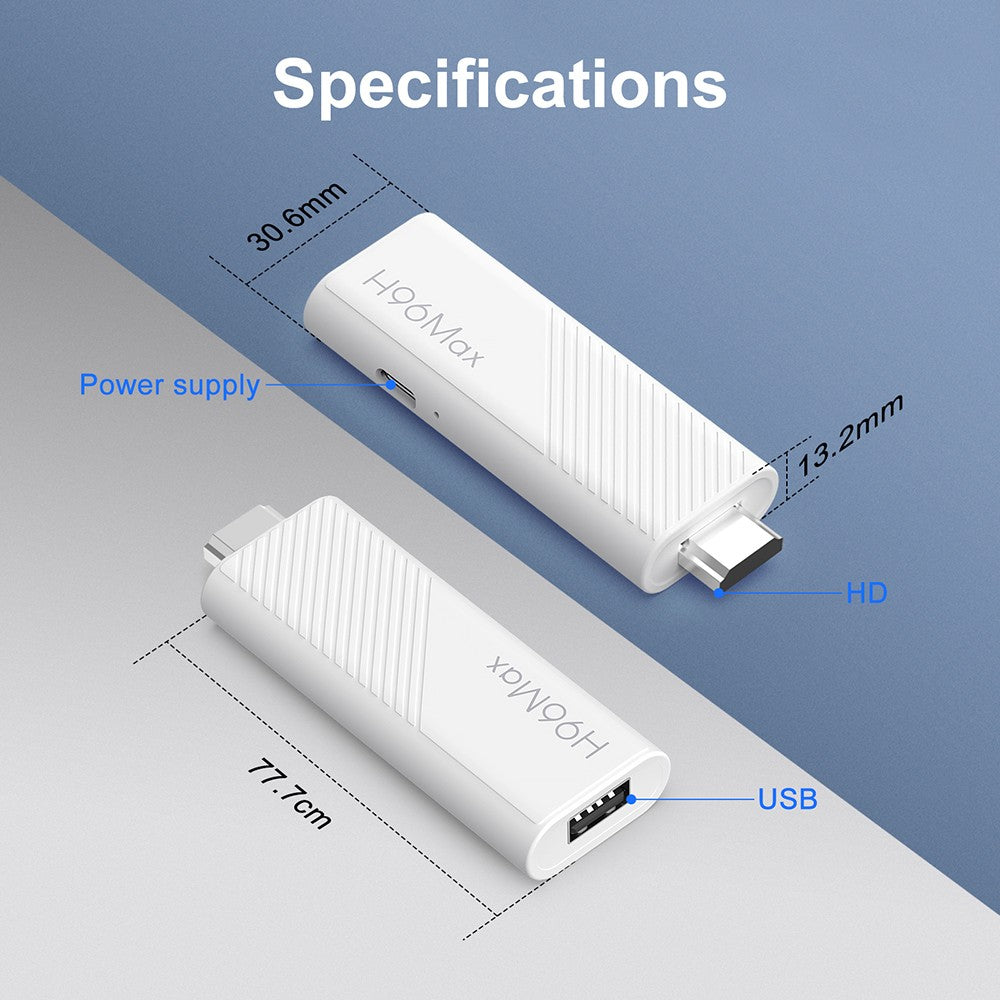 TV Stick H96 Max H313 s Androidem 14, 2 GB RAM, 16 GB ROM, čtyřjádrový procesor ARM Cortex A53, 4K UHD, WiFi 6, vestavěný Chromecast, hry z Google Play, 1*HDMI, 1*USB 2.0