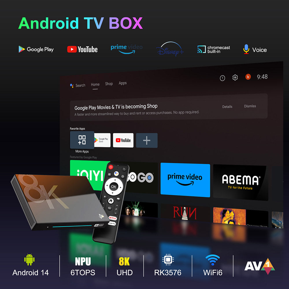 TV přijímač H96 Max M9S s Androidem 14, 8 GB RAM, 128 GB ROM, RK3576 8 jader, dekódování 8K AV1, WiFi 6, Bluetooth 5.4, 1*USB 3.0, 1*USB 2.0, 1*HDMI 2.1, 1*1000M Ethernet, 1*SPDIF, 1*Audio