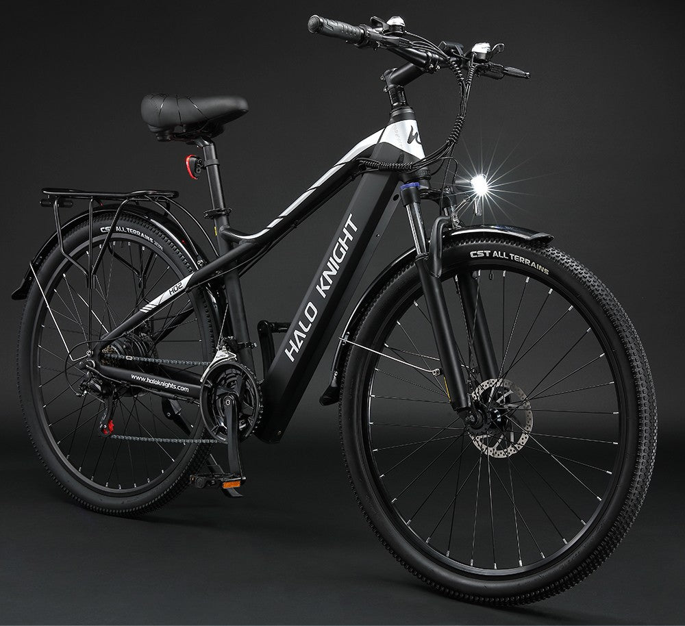 Elektrokolo Halo Knight H02, bezkartáčový motor 750 W, baterie 48 V 16 Ah, pneumatiky 29*2,1 palce, maximální rychlost 50 km/h, maximální dojezd 60 km, řazení Shimano 21 rychlostí, mechanická kotoučová brzda - černá