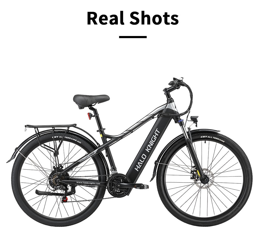 Elektrokolo Halo Knight H02, bezkartáčový motor 750 W, baterie 48 V 16 Ah, pneumatiky 29*2,1 palce, maximální rychlost 50 km/h, maximální dojezd 60 km, řazení Shimano 21 rychlostí, mechanická kotoučová brzda - černá