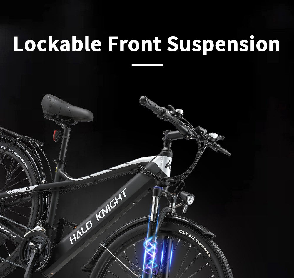 Elektrokolo Halo Knight H02, bezkartáčový motor 750 W, baterie 48 V 16 Ah, pneumatiky 29*2,1 palce, maximální rychlost 50 km/h, maximální dojezd 60 km, řazení Shimano 21 rychlostí, mechanická kotoučová brzda - černá